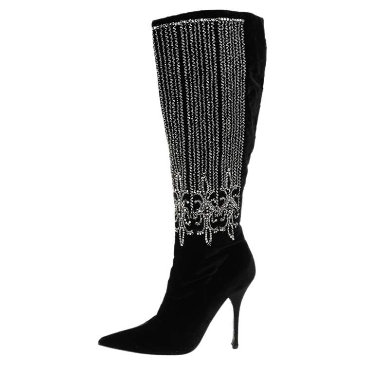Pre Owned Roberto Cavalli Black Velvet Crystal Embellished Pointed Toe Knee Length Boots Size 38