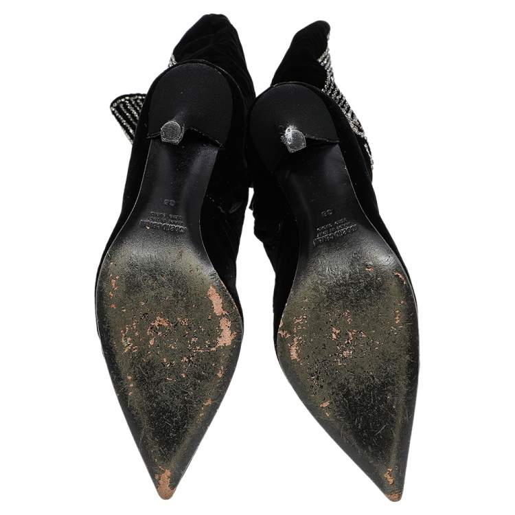 Pre Owned Roberto Cavalli Black Velvet Crystal Embellished Pointed Toe Knee Length Boots Size 38