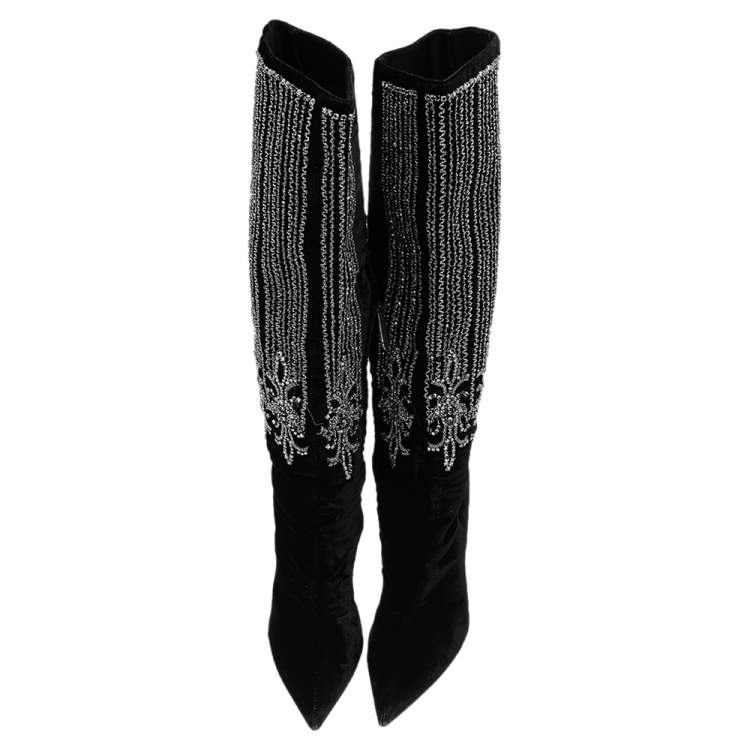 Pre Owned Roberto Cavalli Black Velvet Crystal Embellished Pointed Toe Knee Length Boots Size 38