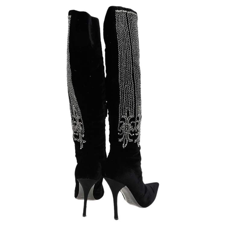 Pre Owned Roberto Cavalli Black Velvet Crystal Embellished Pointed Toe Knee Length Boots Size 38