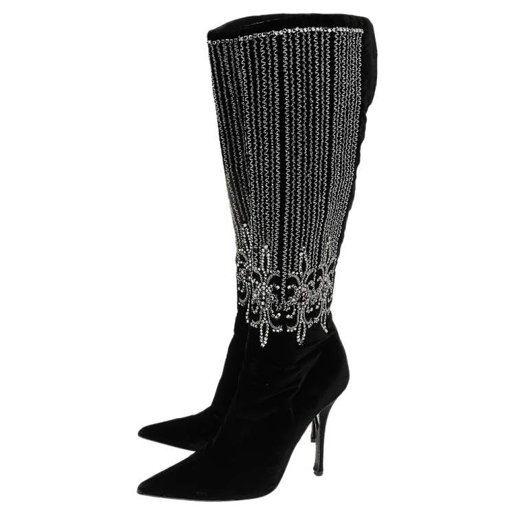 Pre Owned Roberto Cavalli Black Velvet Crystal Embellished Pointed Toe Knee Length Boots Size 38