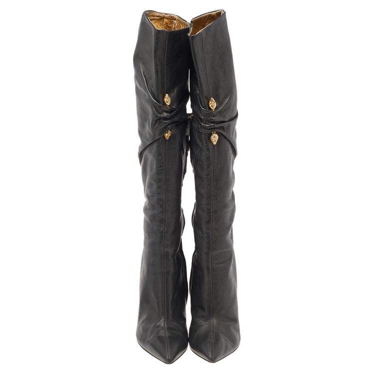 Pre Owned Roberto Cavalli Black Leather Pointed Toe Knee Length Boots Size 39