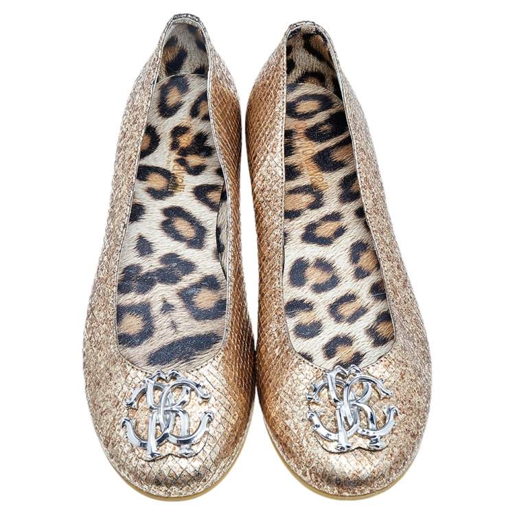 Pre Owned Roberto Cavalli Metallic Gold Python Embossed Leather Logo Embellished Ballet Flats Size 40