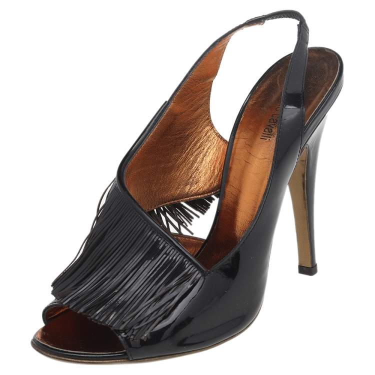Pre Owned Roberto Cavalli Black Patent Leather Fringe Slingback Sandals Size 39