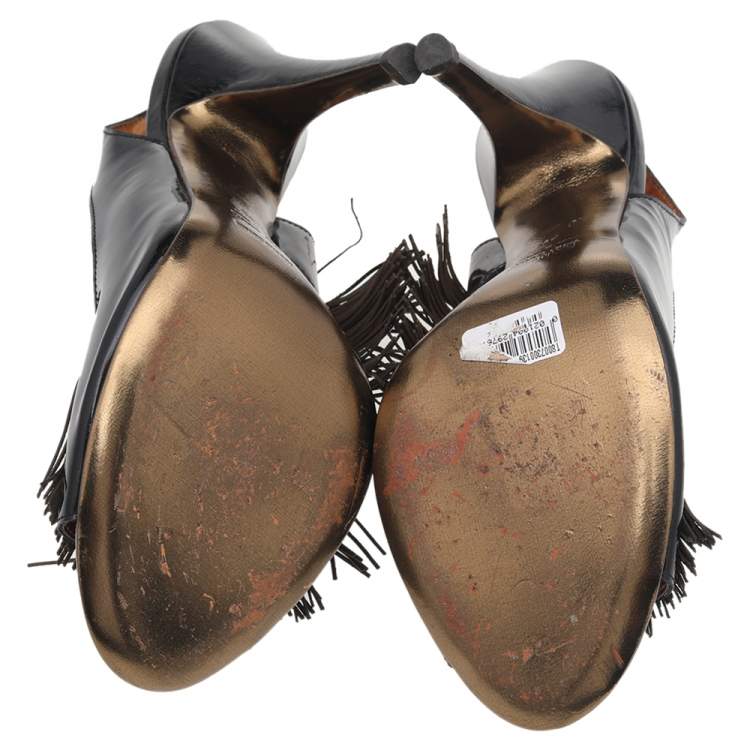 Pre Owned Roberto Cavalli Black Patent Leather Fringe Slingback Sandals Size 39