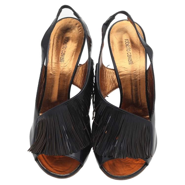 Pre Owned Roberto Cavalli Black Patent Leather Fringe Slingback Sandals Size 39