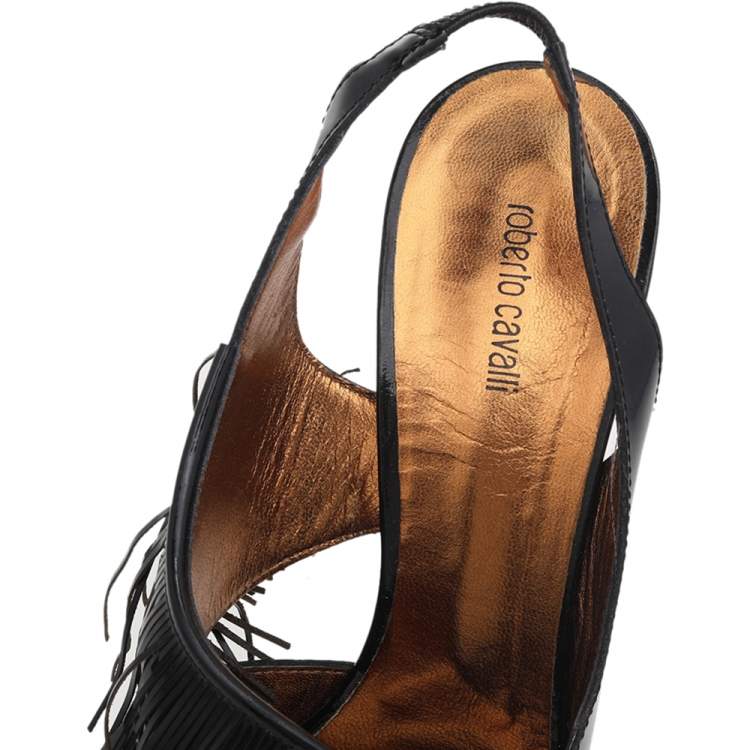 Pre Owned Roberto Cavalli Black Patent Leather Fringe Slingback Sandals Size 39