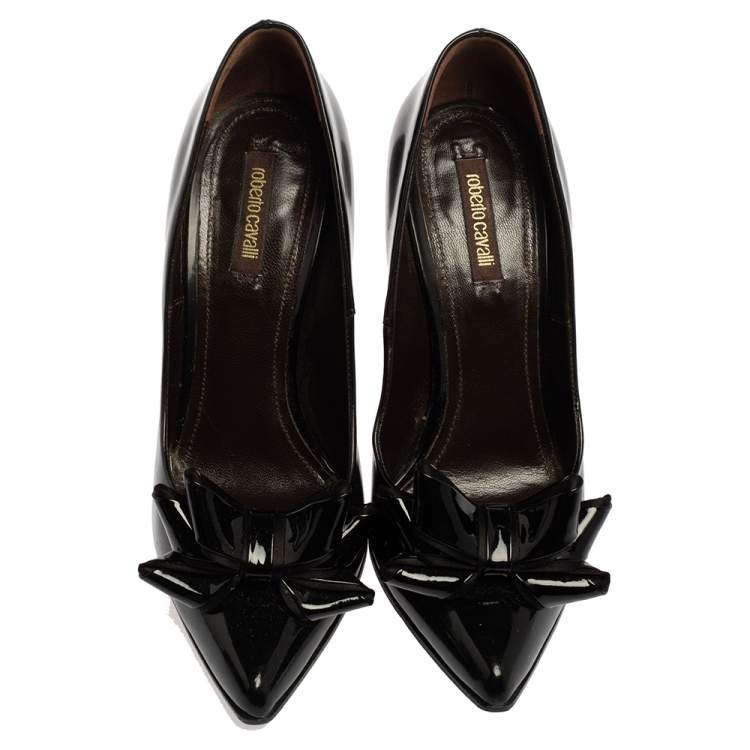 Pre Owned Roberto Cavalli Black Patent Leather Bow Pointed Toe Pumps Size 40