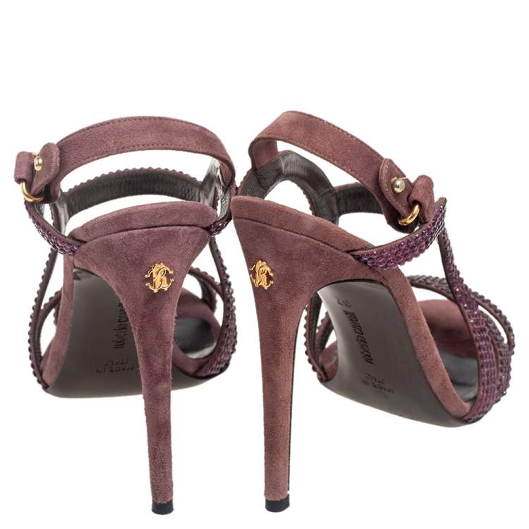 Pre Owned Roberto Cavalli Purple Suede Crystal Embellished Strappy Sandals Size 37