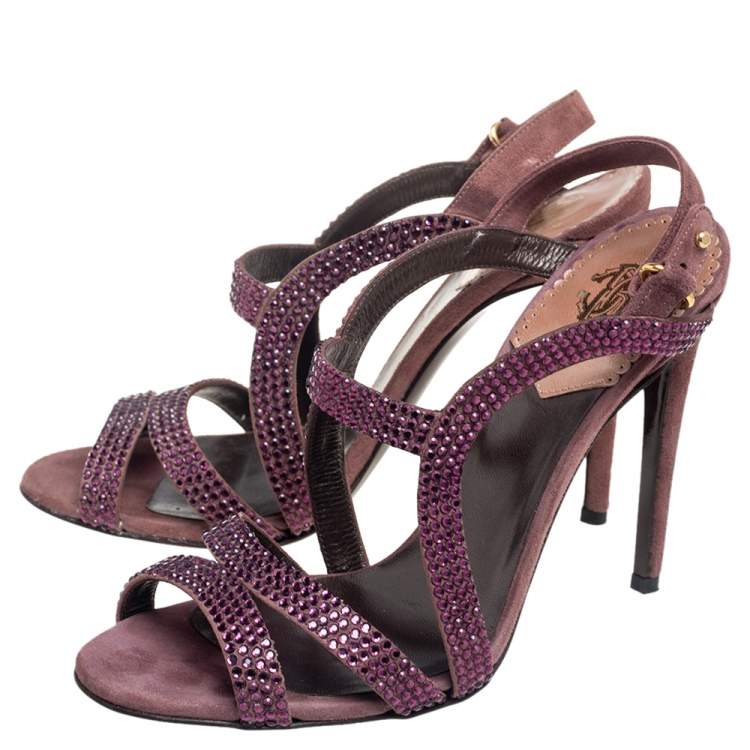 Pre Owned Roberto Cavalli Purple Suede Crystal Embellished Strappy Sandals Size 37