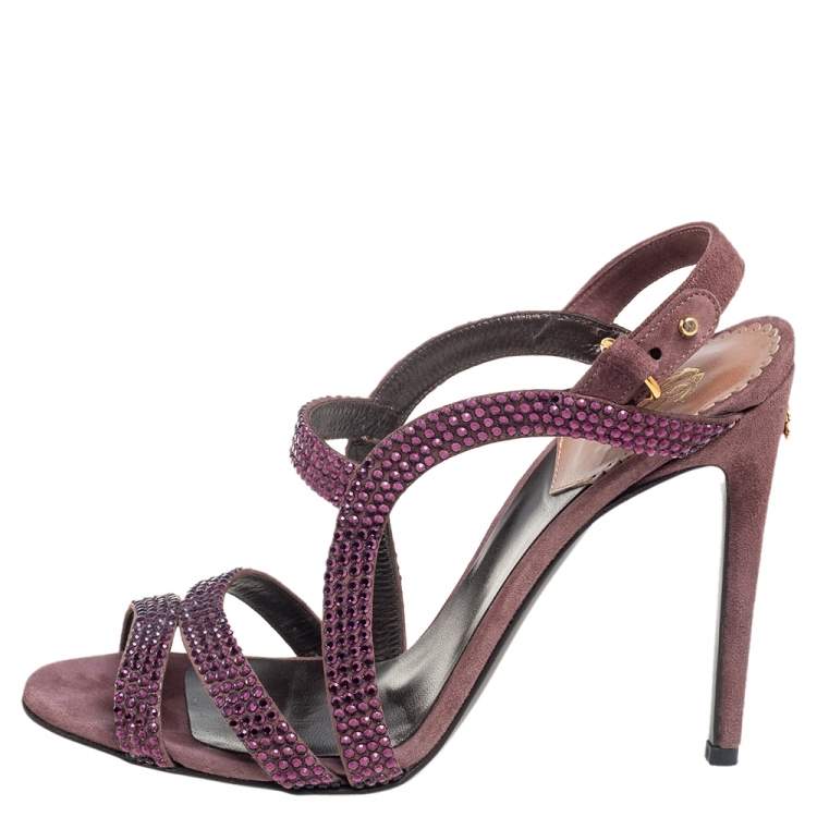 Pre Owned Roberto Cavalli Purple Suede Crystal Embellished Strappy Sandals Size 37