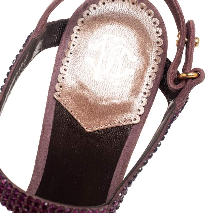 Pre Owned Roberto Cavalli Purple Suede Crystal Embellished Strappy Sandals Size 37