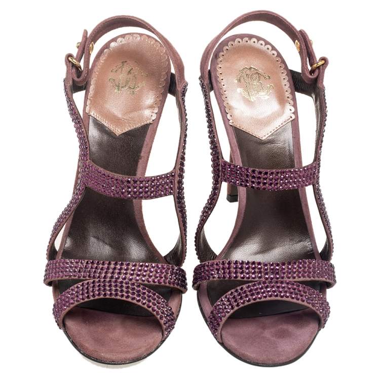 Pre Owned Roberto Cavalli Purple Suede Crystal Embellished Strappy Sandals Size 37