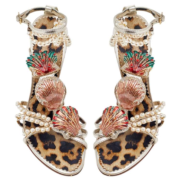 Pre Owned Roberto Cavalli Gold Leather Embellished Ankle Strap Sandals Size 37
