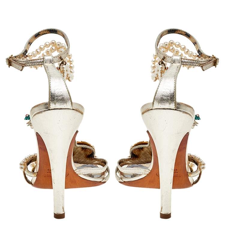 Pre Owned Roberto Cavalli Gold Leather Embellished Ankle Strap Sandals Size 37