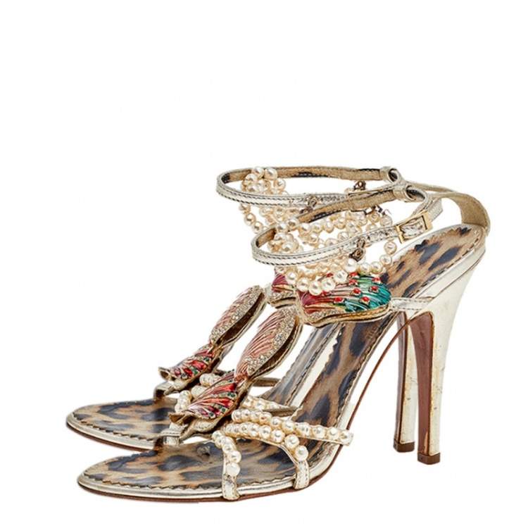 Pre Owned Roberto Cavalli Gold Leather Embellished Ankle Strap Sandals Size 37