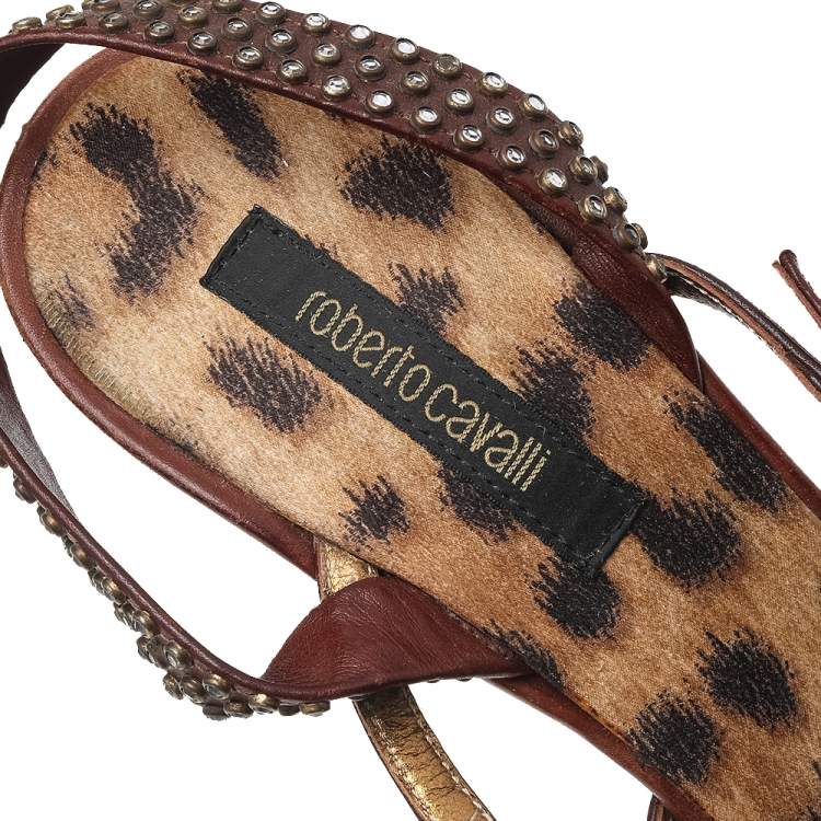 Pre Owned Roberto Cavalli Brown Leather Studded Slingback Sandals Size 41