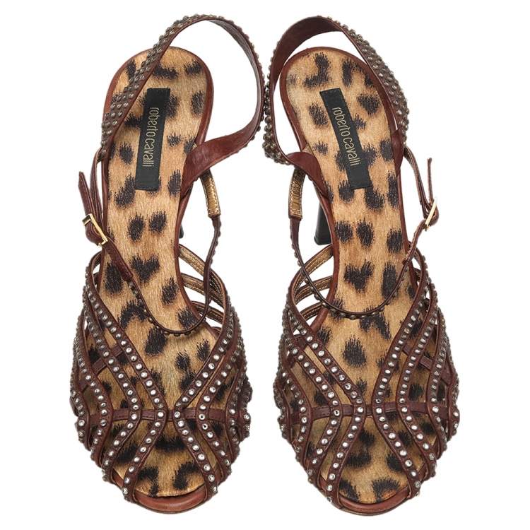 Pre Owned Roberto Cavalli Brown Leather Studded Slingback Sandals Size 41
