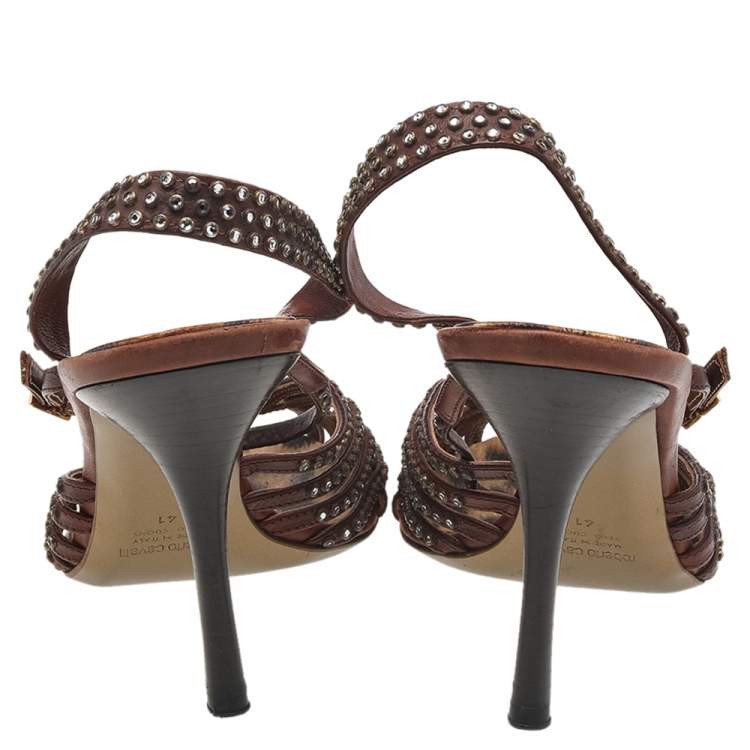 Pre Owned Roberto Cavalli Brown Leather Studded Slingback Sandals Size 41