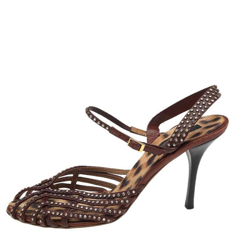 Pre Owned Roberto Cavalli Brown Leather Studded Slingback Sandals Size 41