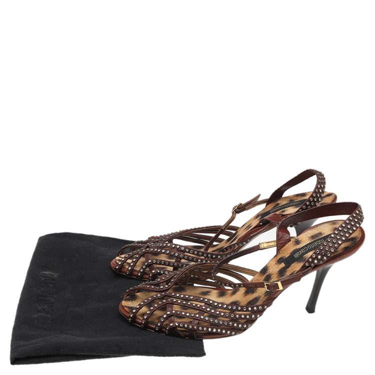 Pre Owned Roberto Cavalli Brown Leather Studded Slingback Sandals Size 41