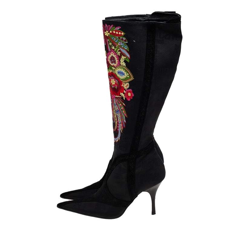 Pre Owned Roberto Cavalli Black Embroidered Fabric And Python Embossed Suede Knee Length Boots Size 39
