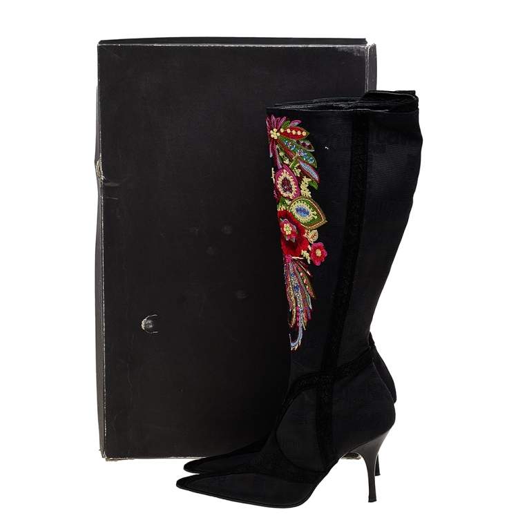 Pre Owned Roberto Cavalli Black Embroidered Fabric And Python Embossed Suede Knee Length Boots Size 39