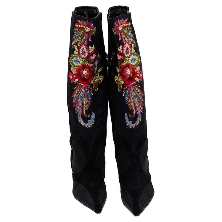 Pre Owned Roberto Cavalli Black Embroidered Fabric And Python Embossed Suede Knee Length Boots Size 39