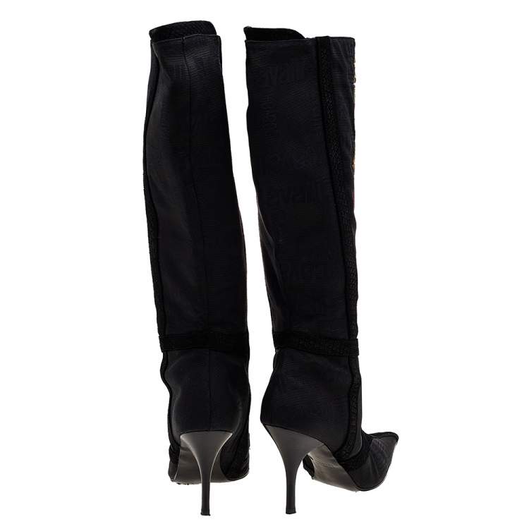 Pre Owned Roberto Cavalli Black Embroidered Fabric And Python Embossed Suede Knee Length Boots Size 39