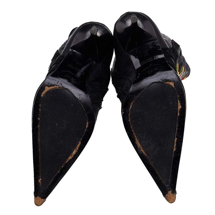 Pre Owned Roberto Cavalli Black Embroidered Fabric And Python Embossed Suede Knee Length Boots Size 39