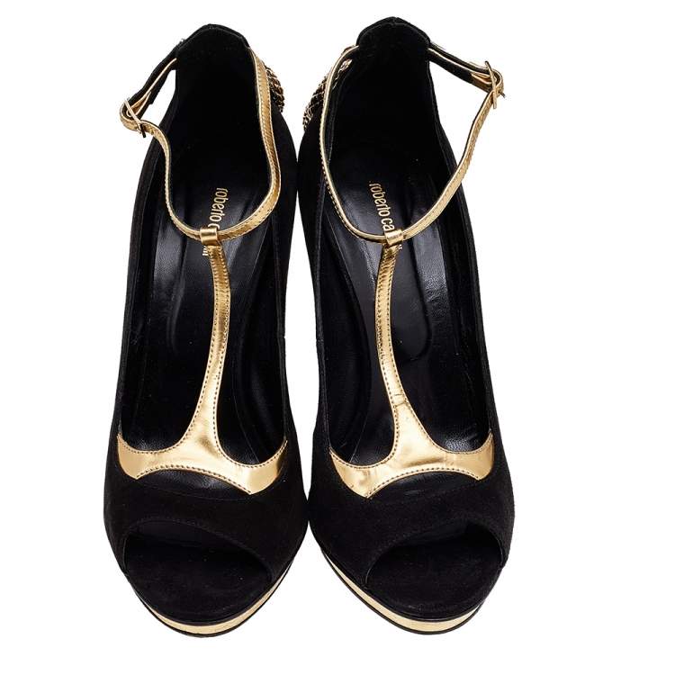 Pre Owned Roberto Cavalli Black/Gold Suede And Leather Ankle Strap Snake Embellished Sandals Size 38.5
