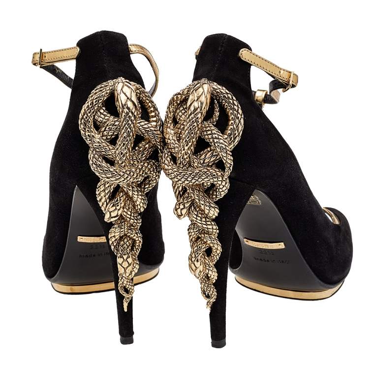 Pre Owned Roberto Cavalli Black/Gold Suede And Leather Ankle Strap Snake Embellished Sandals Size 38.5