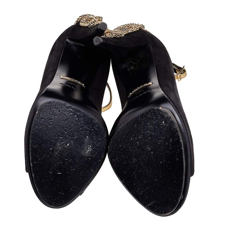 Pre Owned Roberto Cavalli Black/Gold Suede And Leather Ankle Strap Snake Embellished Sandals Size 38.5