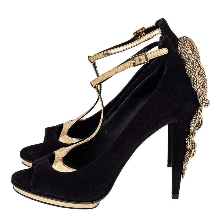 Pre Owned Roberto Cavalli Black/Gold Suede And Leather Ankle Strap Snake Embellished Sandals Size 38.5