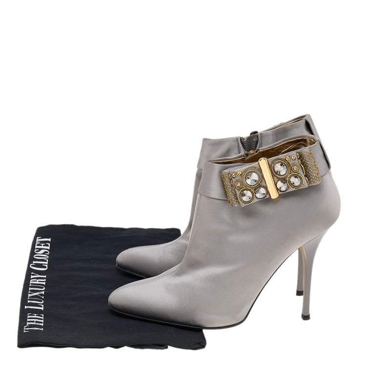 Pre Owned Roberto Cavalli Grey Satin Bow Embellished Ankle Length Boots Size 38