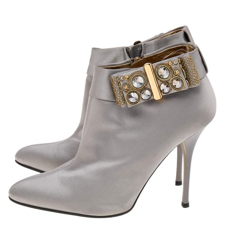 Pre Owned Roberto Cavalli Grey Satin Bow Embellished Ankle Length Boots Size 38