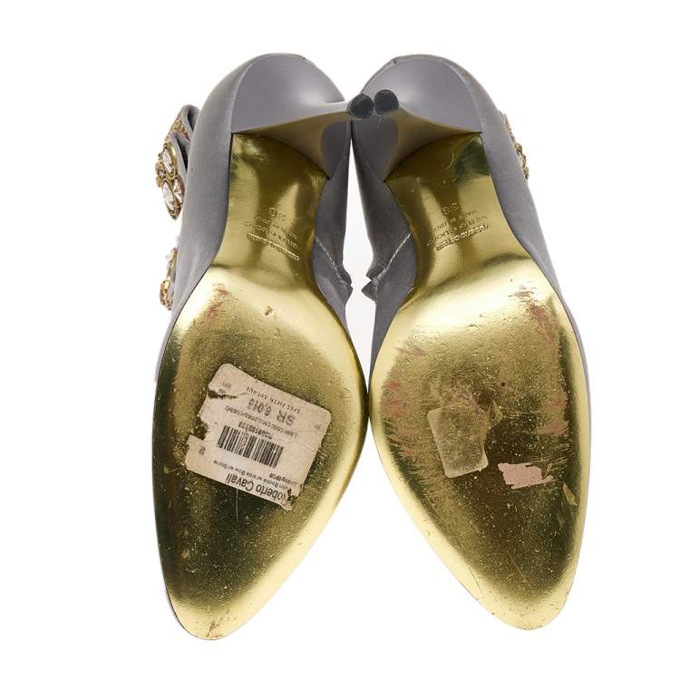 Pre Owned Roberto Cavalli Grey Satin Bow Embellished Ankle Length Boots Size 38