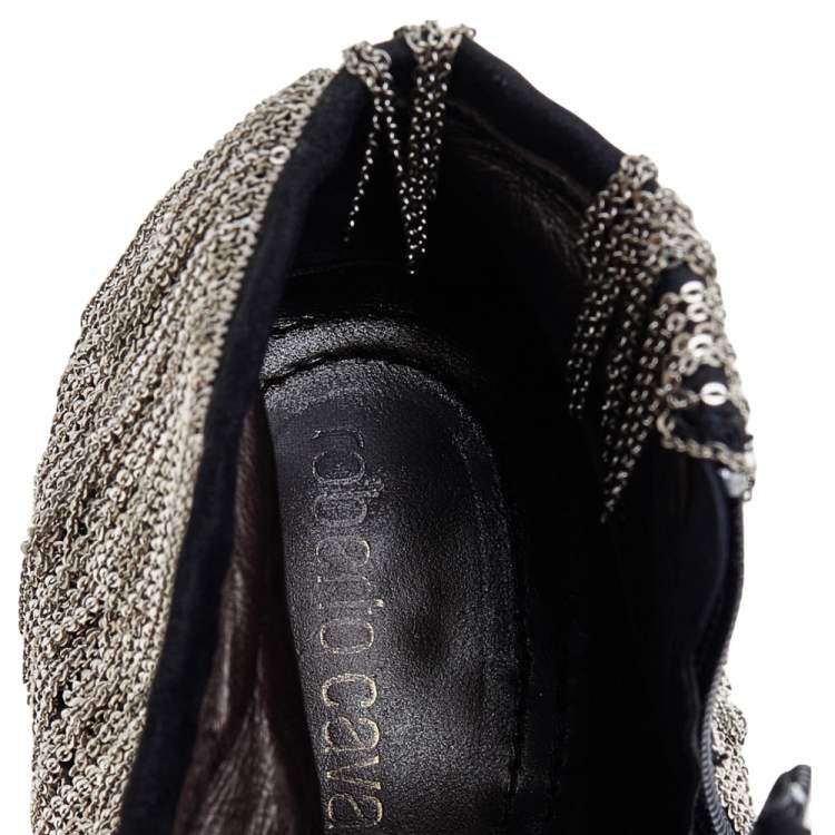 Pre Owned Roberto Cavalli Black Suede Chain Booties Size 40