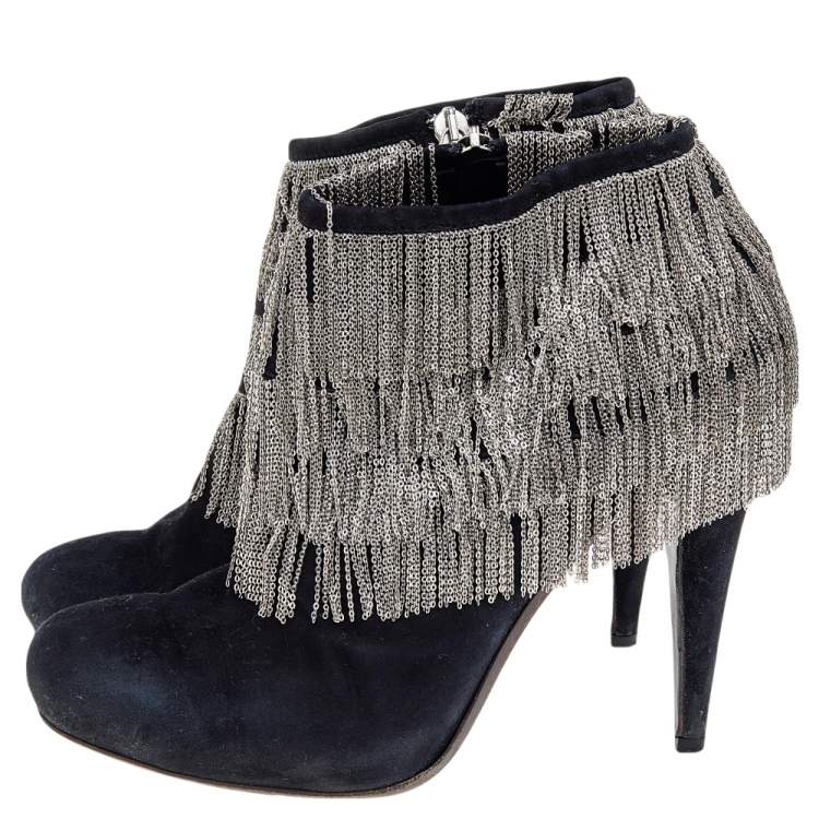 Pre Owned Roberto Cavalli Black Suede Chain Booties Size 40