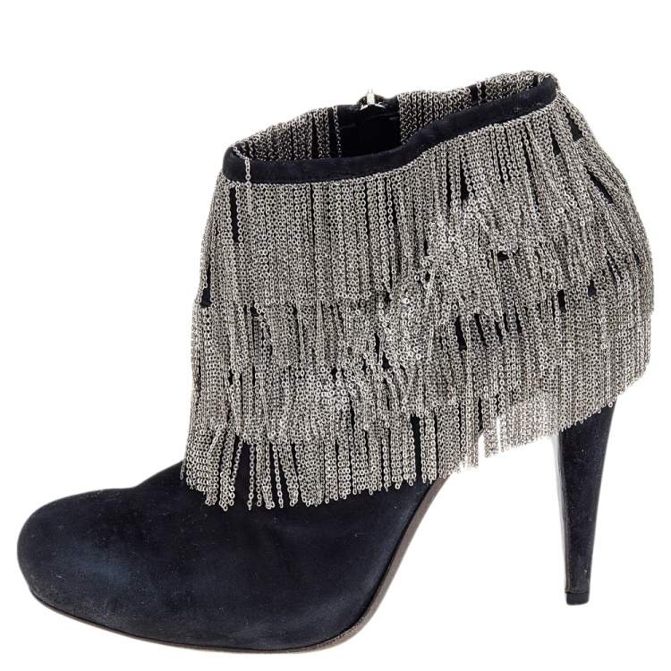 Pre Owned Roberto Cavalli Black Suede Chain Booties Size 40