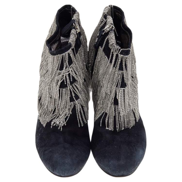 Pre Owned Roberto Cavalli Black Suede Chain Booties Size 40