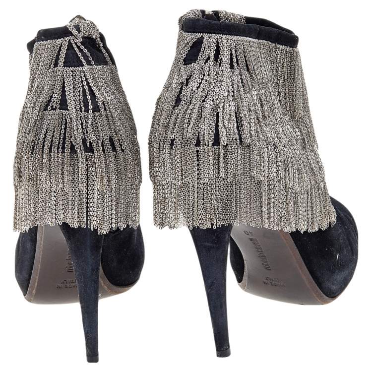 Pre Owned Roberto Cavalli Black Suede Chain Booties Size 40