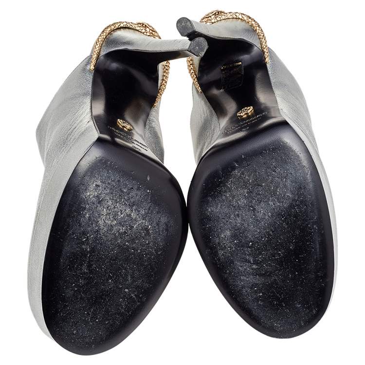 Pre Owned Roberto Cavalli Metallic Silver Leather Platform Mules Size 38