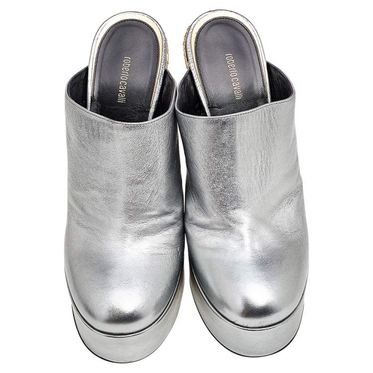 Pre Owned Roberto Cavalli Metallic Silver Leather Platform Mules Size 38