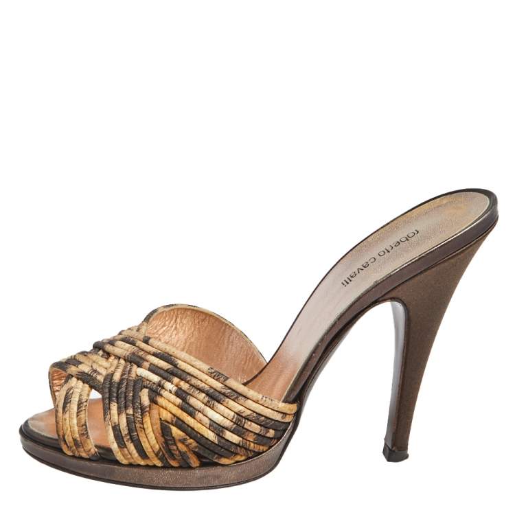Pre Owned Roberto Cavalli Brown/Beige Leopard Print Fabric Cross Strap Sandals Size 35.5