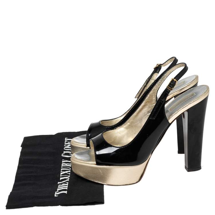 Pre Owned Roberto Cavalli Black-Gold Patent Leather And Leather Slingback Sandals Size 38