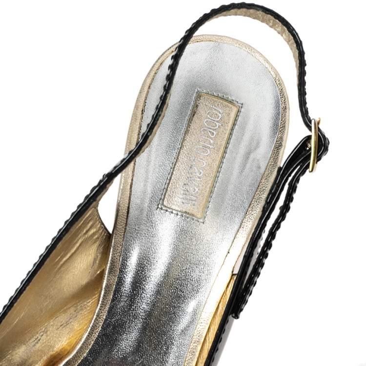 Pre Owned Roberto Cavalli Black-Gold Patent Leather And Leather Slingback Sandals Size 38