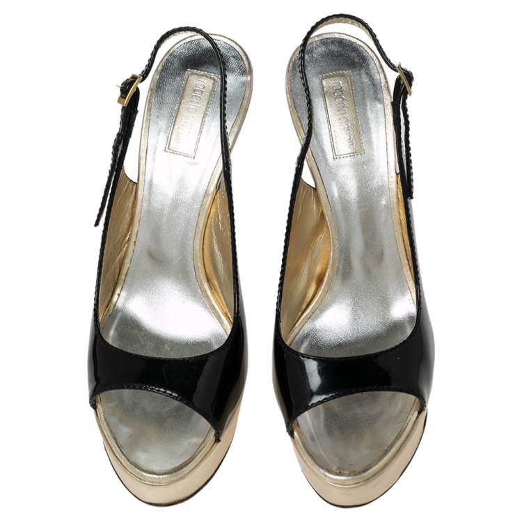Pre Owned Roberto Cavalli Black-Gold Patent Leather And Leather Slingback Sandals Size 38