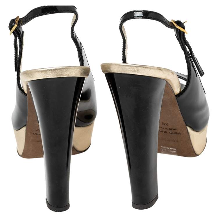 Pre Owned Roberto Cavalli Black-Gold Patent Leather And Leather Slingback Sandals Size 38