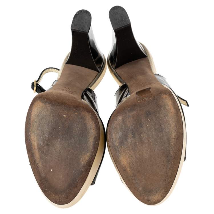 Pre Owned Roberto Cavalli Black-Gold Patent Leather And Leather Slingback Sandals Size 38